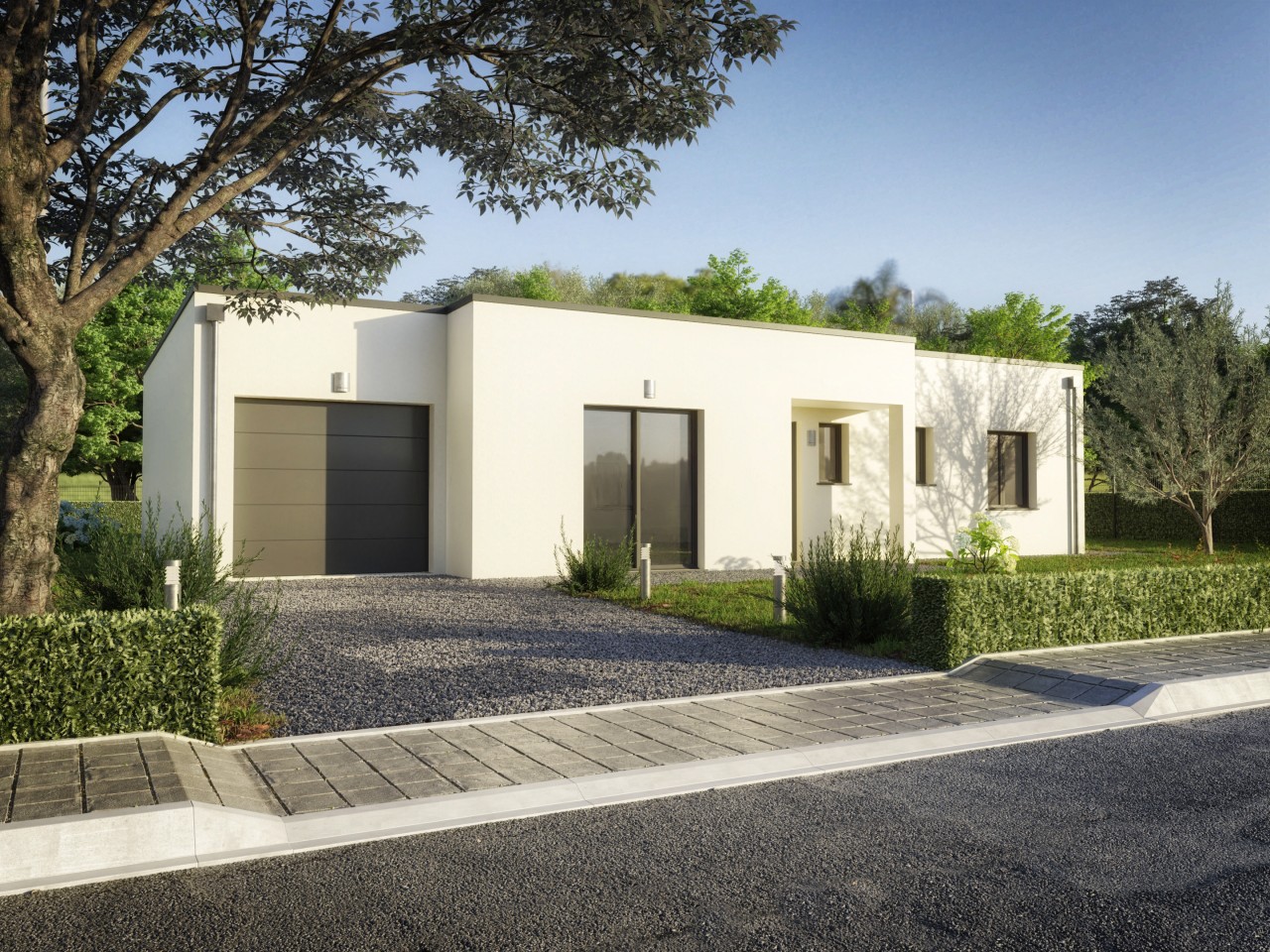 Construction maison architecture cubique garage integre